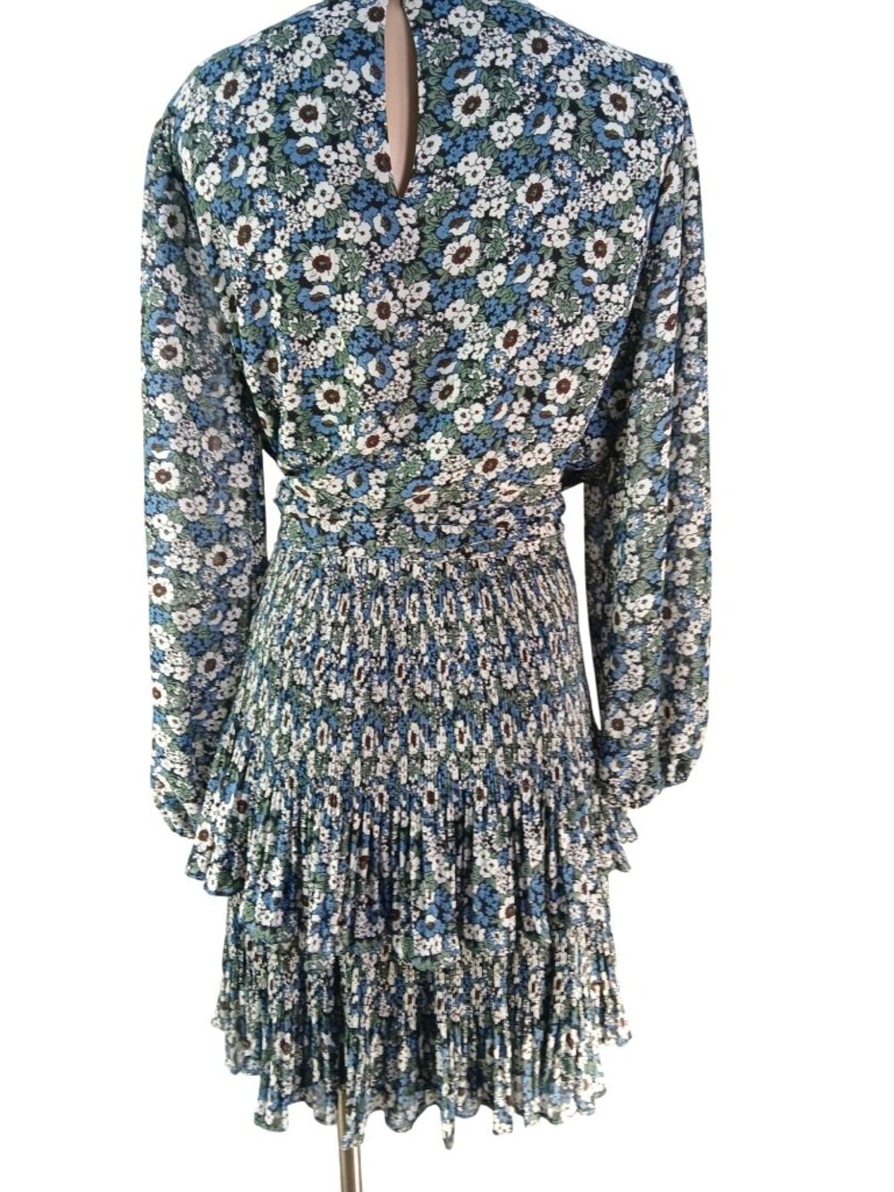 Boden Floral Tiered Long Sleeve Dress US 14 Blue Green Multicolor Plisse Mini - Picture 4 of 16